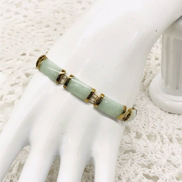 14k Jewelry - 10K Yellow Gold Natural Green Jade Panel Link Bracelet 7” 11.5g Estate 16mm